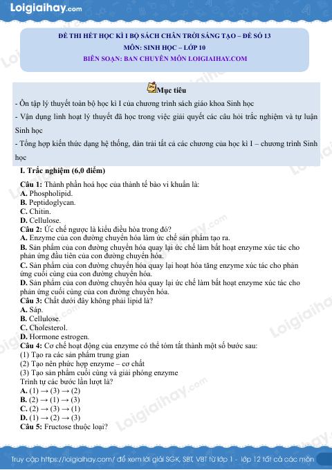 Đề thi học kì 1 Sinh 10 Chân trời sáng tạo - Đề số 13